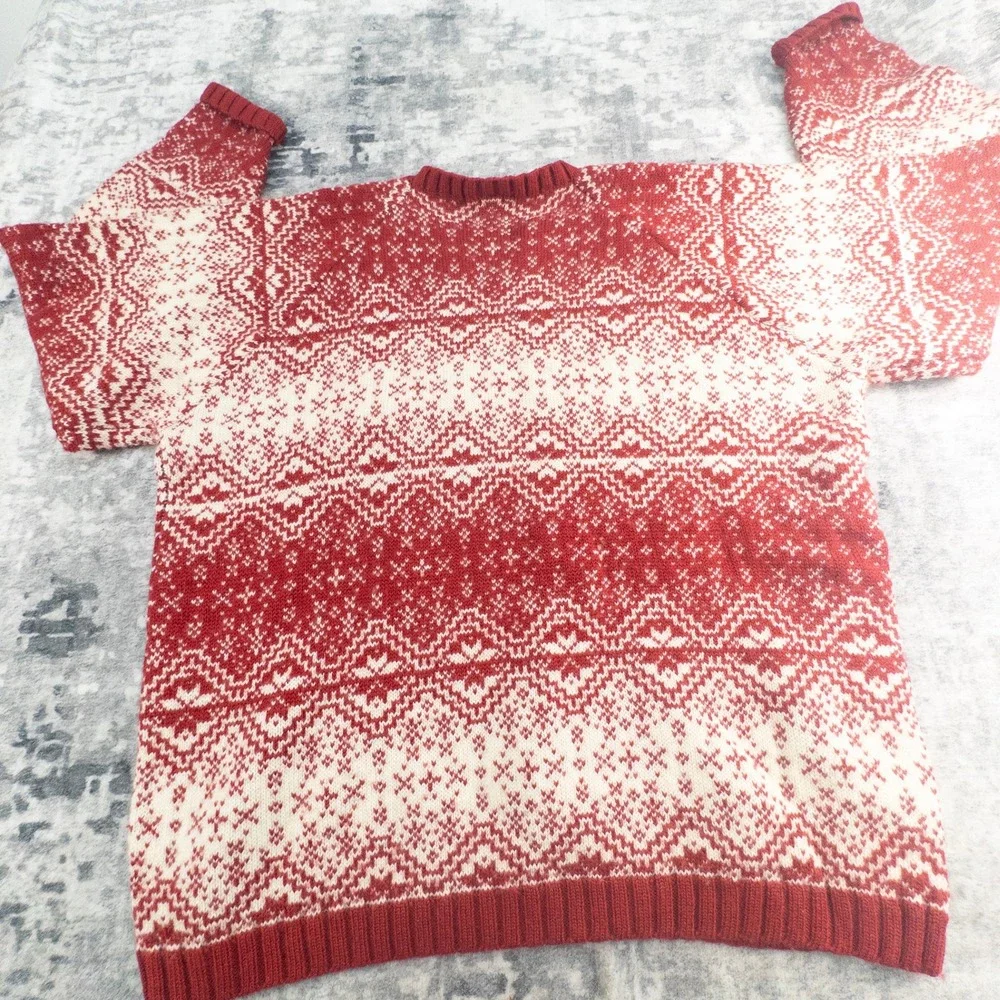 Vintage J. Crew Mens XL 100% Wool Fair Isle Nordic Sweater Red White Oarsman Tag